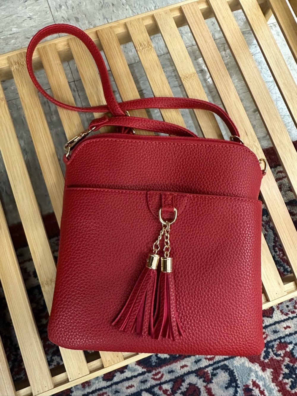 Red Faux Leather Crossbody Bag Tassel Accent Gold Hardware Small Purse
